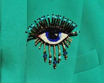 evel eye brooch with tears, gift for good luck, charm eye pin, eye jewelry, collar pin, bead embroidered brooch