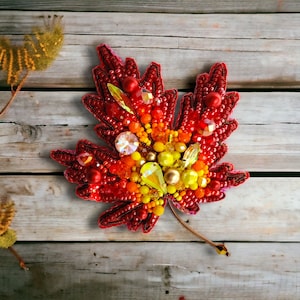 Red yellow embroidered plane leaf brooch pin Brooches for women Gift for women Jewelry gift for her Unique jewelry Autumn Beaded leaf pin