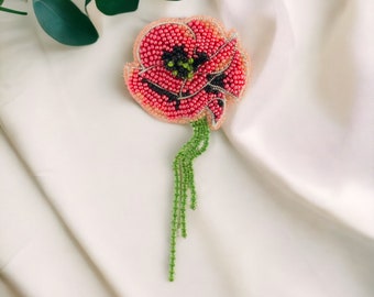 Handmade beaded red poppy brooch pin Brooches for women Red flower jewelry Unique jewelry Embroidery brooch pin Poppy crystal brooch