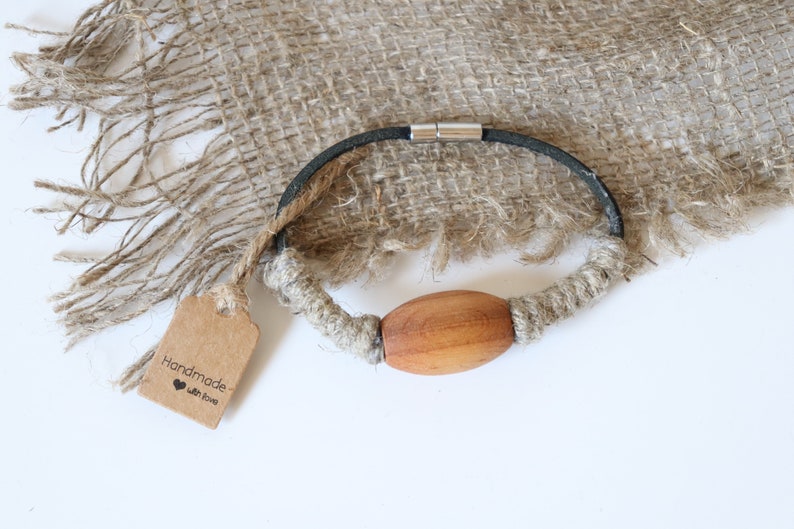 Unisex Women/'s Men/'s Handmade Folk Art Vintage Rustic Real Leather Linen Flax Wood Bracelet Bangle Size 8 in Limited Edition New