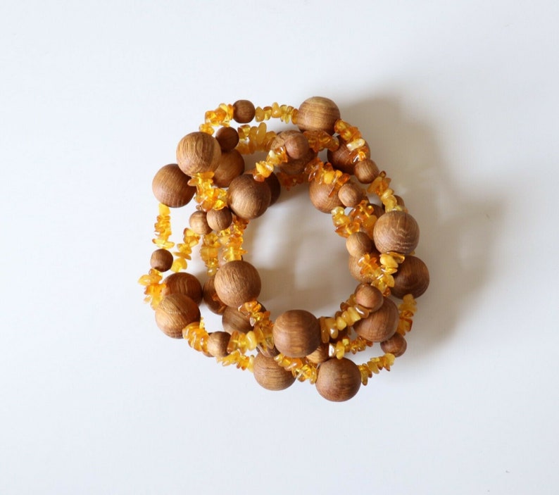 New Unisex Men/'s Women/'s Handmade Vintage Folk Art Wood Oak Beads /& Baltic Amber Lagenlook Necklace Size 63.5 in