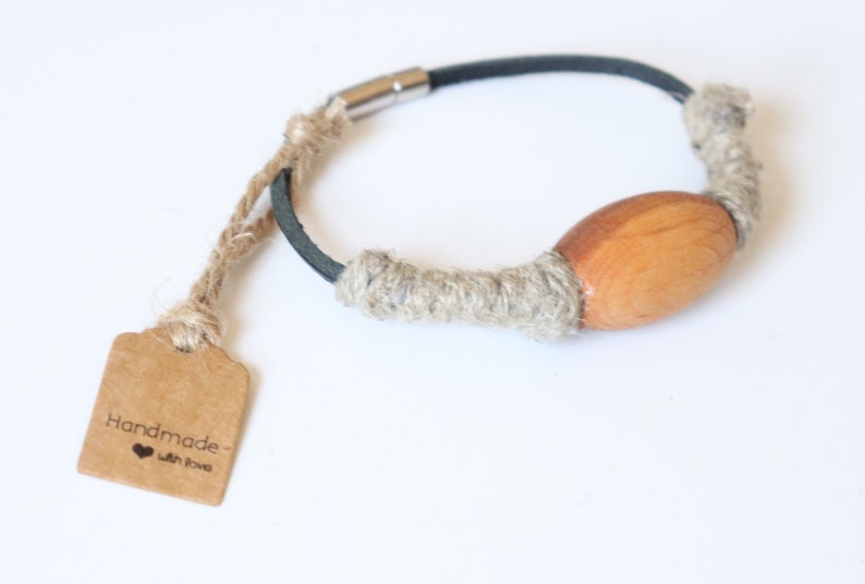Unisex Women/'s Men/'s Handmade Folk Art Vintage Rustic Real Leather Linen Flax Wood Bracelet Bangle Size 8 in Limited Edition New