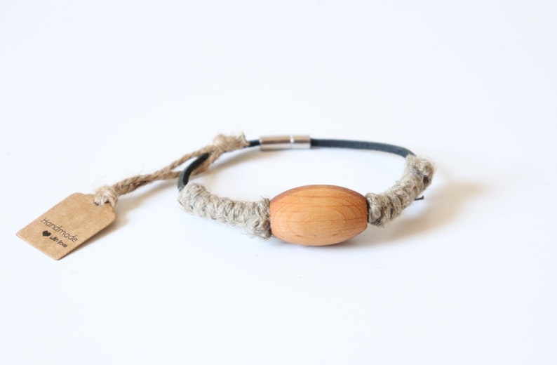 Unisex Women/'s Men/'s Handmade Folk Art Vintage Rustic Real Leather Linen Flax Wood Bracelet Bangle Size 8 in Limited Edition New