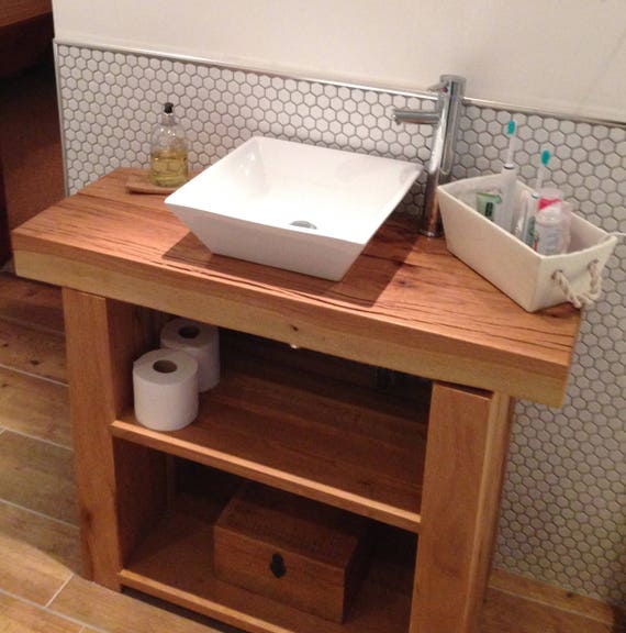 Vanity Unit Wash Stand Sink Basin Solid Oak Bespoke Rustic Finish Square Bowl