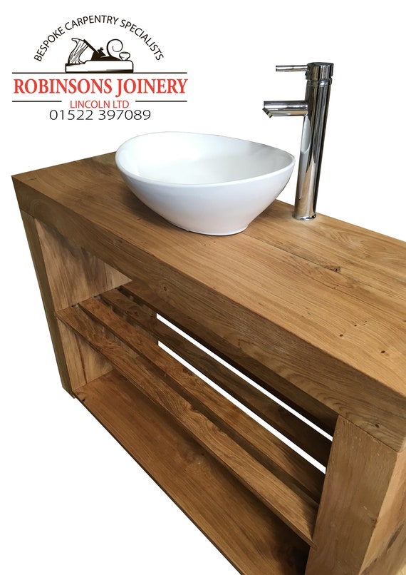 Vanity Unit Wash Stand Sink Basin Solid Oak Bespoke Rustic Waxed Finish Slatted Middle Shelf