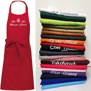 Tablier de cuisine personnalisé et brodé avec un prénom, un texte, 100% coton TOP QUALITE, 20 coloris, 20 motifs, cadeau femme homme 画像 1