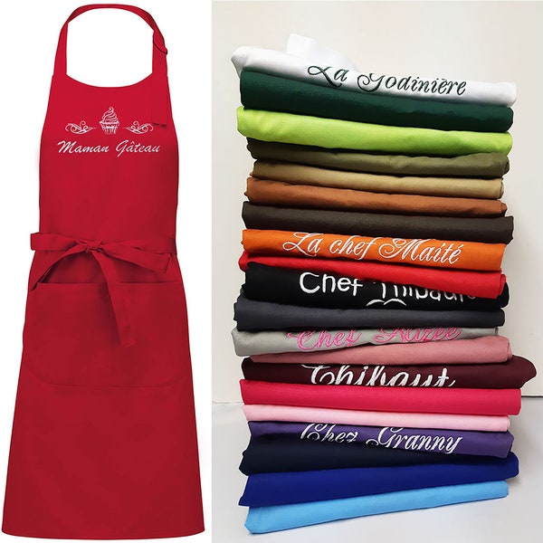 Tablier de cuisine personnalisé et brodé avec un prénom, un texte, 100% coton TOP QUALITE, 20 coloris, 20 motifs, cadeau femme homme