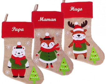 customizable Christmas boot with a first name, beige jute, fox, bear or reindeer pattern, to fill and hang