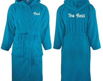 Personalized hooded bathrobe with a name, TURQUOISE color, 340 g 100% cotton terry cloth