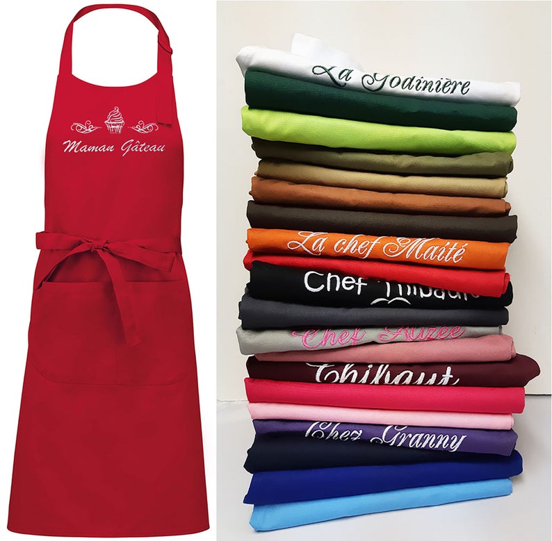Personalized and embroidered kitchen apron with a first name, a text, 100% TOP QUALITY cotton, 20 colors, 20 patterns, gift for women and men image 1