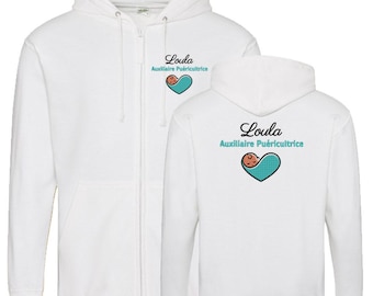 Custom white sweatshirt, zip-up hooded jacket for nurses, midwives, doctors, childcare assistants, and medical professionals.