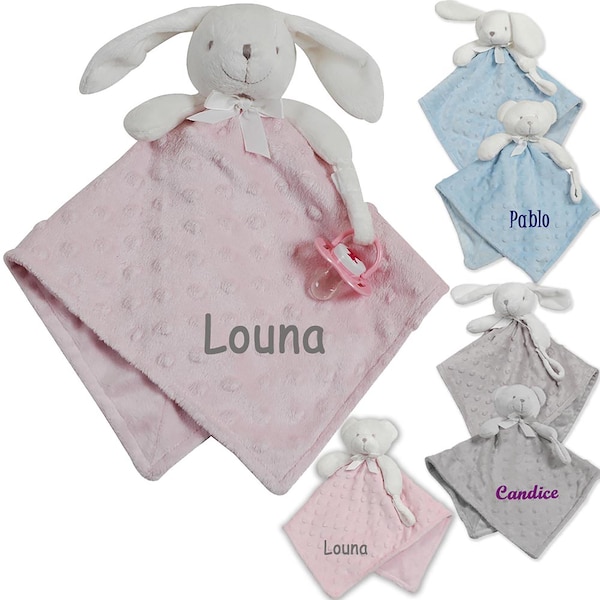 Doudou attache sucette personnalisé avec le prénom de bébé, LAPIN, OURS, CHIEN en velours doux, prénom brodé.