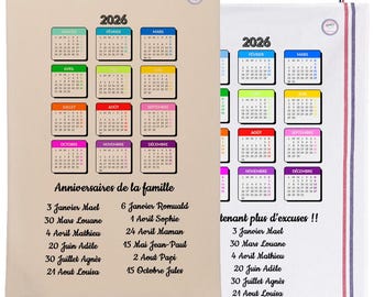 Personalized tea towel calendar with birthday dates and name, made in France