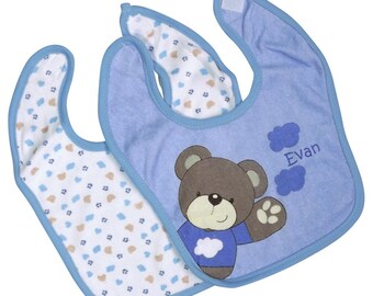 Set of 2 little sky bear bibs personalized with baby's first name, hook and loop closure