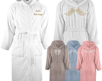 Personalized angel wing bathrobe with embroidered name, hood, 340g 100% cotton terry cloth