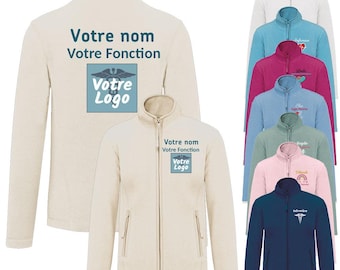 Custom fleece jacket with logo, for women, men, nurses, midwives, caregivers, childcare assistants, and medical staff.