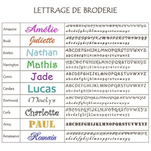May include: A chart displaying embroidery lettering styles. Each row shows a font name, a sample name, and the full alphabet in uppercase and lowercase. Fonts include Amazone, Brush, Kristen, Harrington, Comic, Candara, Dortmund, Curlz, Army, and Renaissance.