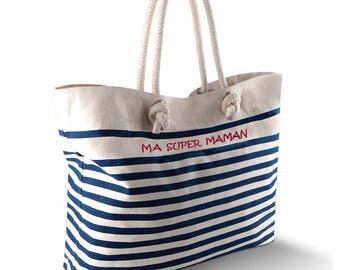 Beach bag, personalized cotton navy shopping with a first name, text, mom gift, Mother's Day, birthday