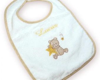 Personalized bib with a first name, teddy bear, 30x25cm, PVC lined