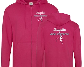 Custom fuchsia sweatshirt, zip-up hooded jacket for nurses, midwives, doctors, childcare assistants, and medical professionals.
