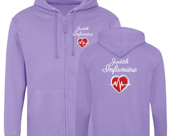 Personalized MAUVE sweatshirt, Zip-up hooded jacket for nurses, midwives, doctors, childcare assistants, and medical professionals.