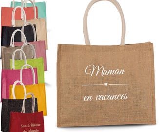 Personalized jute beach bag worn over the shoulder, customizable tote bag
