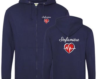 Personalized navy blue sweatshirt, zip-up hooded jacket for nurses, midwives, doctors, childcare assistants, and medical professionals.