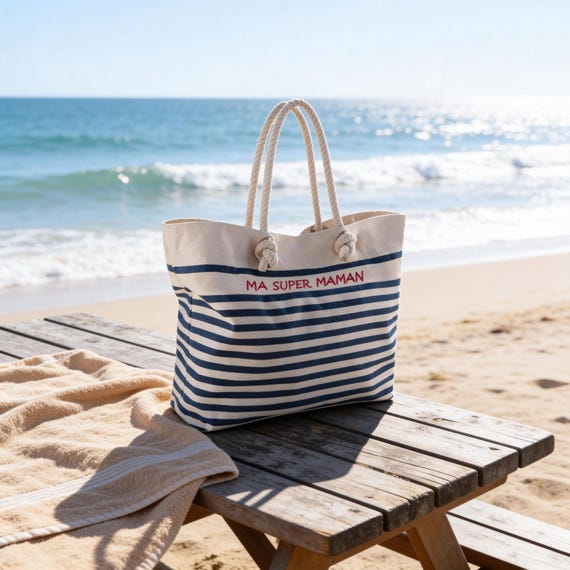 Sac de plage personnalisé prénom, dimensions 57x36x13, sac shopping style marinière, coton, cadeau maman, fête des mères, anniversaire
