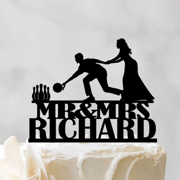 Bowling Wedding Cake Topper - Bowling Player Cake Topper - Funny Bride and Groom Cake Topper - Mr and Mrs Cake Topper 190
