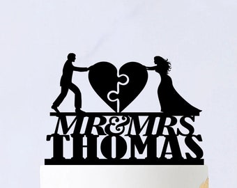 Puzzle Wedding Cake Topper - Mr And Mrs Cake Topper With Surname - Bride And Groom Cake Topper - Heart Puzzle Cake Topper 164