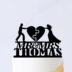 Puzzle Wedding Cake Topper - Mr And Mrs Cake Topper With Surname - Bride And Groom Cake Topper - Heart Puzzle Cake Topper 164