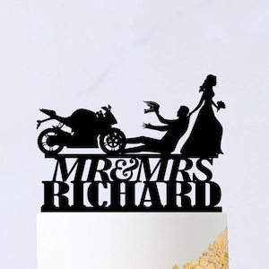 Motorcycle Wedding Cake Topper - Mr And Mrs Cake Topper With Surname - Bride And Groom Cake Topper - Couple Cake Topper On Motorbike 157