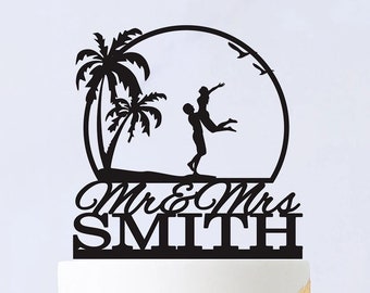 Beach Wedding Cake Topper, Custom Mr and Mrs Cake Topper, Palm Tree Cake Topper, Bride And Groom silhouette,Beach Theme Wedding