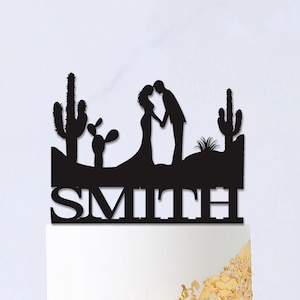 Desert Wedding Cake Topper,Cactus Cake Topper,Wedding Couple Silhouette,Groom and Bride Cake Topper, Personalized Cake topper