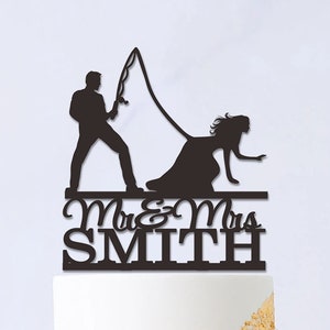 Topo de bolo de pesca, Topo de bolo personalizado, Topo de bolo de casamento engraçado, Casamento de casal de pescadores, Noivo pescando noiva