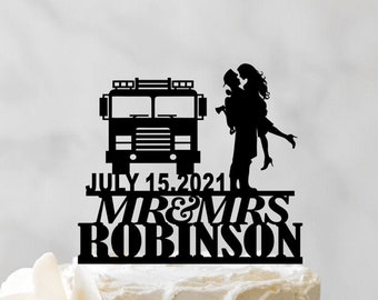 Fire Fighter Wedding Cake Topper - Fireman Couple Cake Topper With fire Truck - Bride And Groom Cake Topper - Mr And Mrs Cake Topper 184