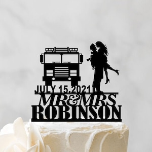Fire Fighter Wedding Cake Topper - Fireman Couple Cake Topper With fire Truck - Bride And Groom Cake Topper - Mr And Mrs Cake Topper 184