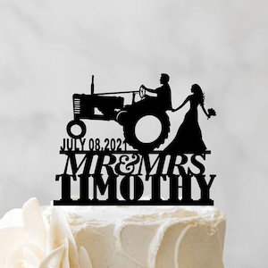 Tractor Wedding Cake Topper - Country Farmer Cake Topper - Bride And Groom Cake Topper - Mr And Mrs Cake Topper With Tractor 183