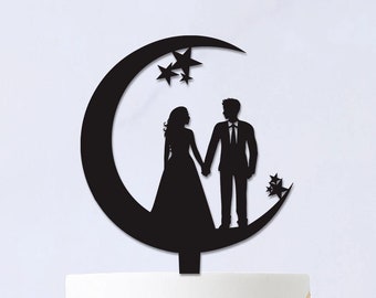 Maan en sterren taarttopper, bruidstaarttopper, paar silhouet, maantaarttopper, aangepaste taarttopper