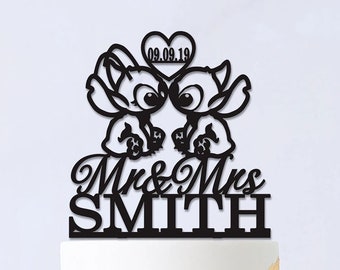 Adorno para tarta de Lilo y Ángel, adorno para tarta inspirado en Disney, adorno para tarta personalizado de Sr. y Sra., adorno para tarta personalizado, silueta de Stitch