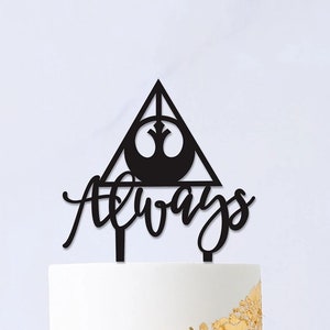 May include: Black acrylic cake topper with a triangle design featuring the Deathly Hallows symbol and the word "Always".