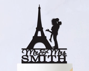 Eiffel Tower Wedding Cake Topper,Kissing Couple Silhouette,Custom Mr and Mrs Cake Topper,Paris Cake Topper, French Wedding