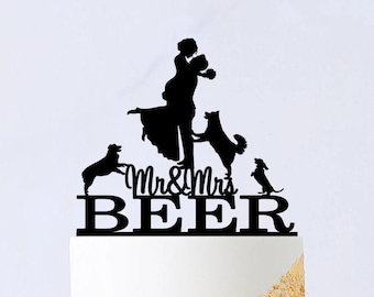 Couple Wedding Cake Topper - Groom And Bride Cake Topper With Dog - Custom Wedding Cake Topper - Mr And Mrs Cake Topper 170