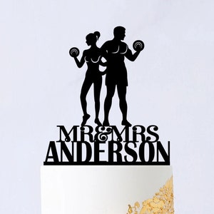 Fitness Wedding Cake Topper - Custom Gym Training Cake Topper With Dumbbell - Bodybuilder Cake Topper - Bride And Groom Cake Topper 151