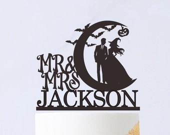 Halloween bruidstaart topper, Till Death cake topper, maan cake topper, Halloween thema bruiloft, gotische cake topper 213