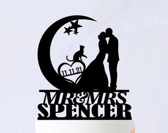 Maan en sterren bruidstaarttopper - maantaarttopper - meneer en mevrouw zoenen taarttopper - bruid en bruidegom op maan 156
