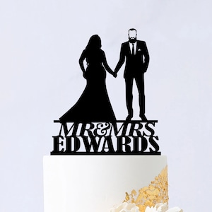 Couple Wedding Cake Topper - Bride And Groom With Beard Cake Topper - Groom with mustache Cake Topper - Mr And Mrs Cake Topper 171
