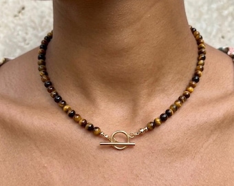Natural Tigers Eye Beaded Necklace, Gold Toggle Clasp, Layering Jewellery