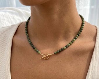 Green Jade Bead Necklace with Toggle Clasp, 18K Gold Plated Stainless Steel, Waterproof