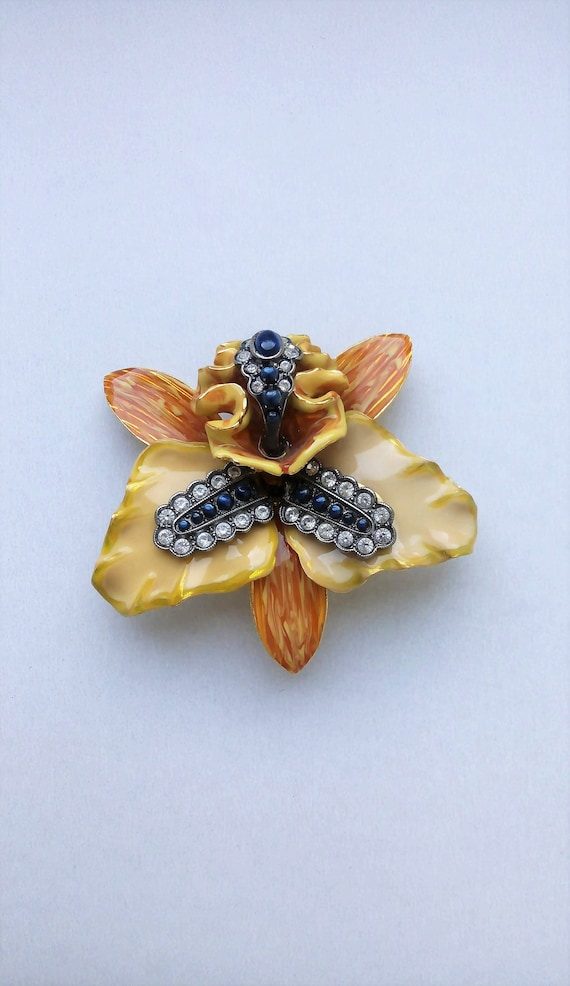 Joan Rivers vintage orchid flower enamel orange an